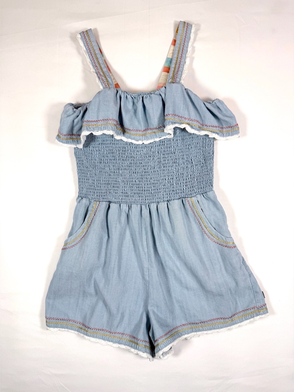 MATILDA JANE Chambray Smocked Cold Shoulder Romper Girls Size 10 Light Blue Boho